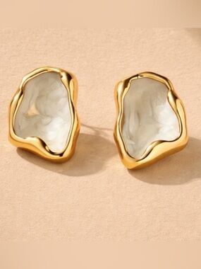 White Marble Gold Plated Earrings